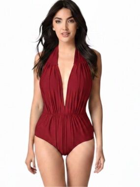 Unique Vintage Burgundy Halter Shirred Derek One Piece Swimsuit Bathing …